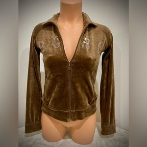 BCBG MAXAZRIA Brown Velour Full Zip Jacket Rhinestone Logo Sz P/S Small